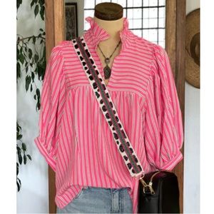 SUMMER HOT Pink Striped Blouson Split Collar Top